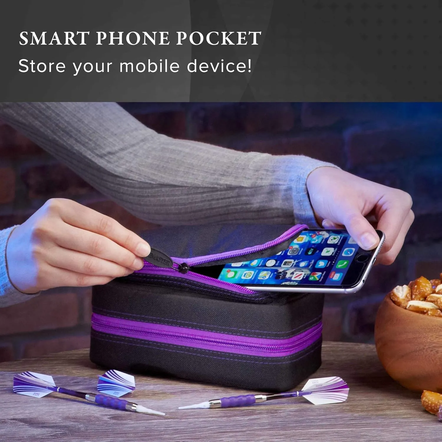 Casemaster Plazma Pro, 6 Dart Case for Soft and Steel Tip Darts, Features Large Front Mobile Device Pocket, Built-In Storage Tubes and Pockets for Flights, Tips, Shafts, and Personal Items
