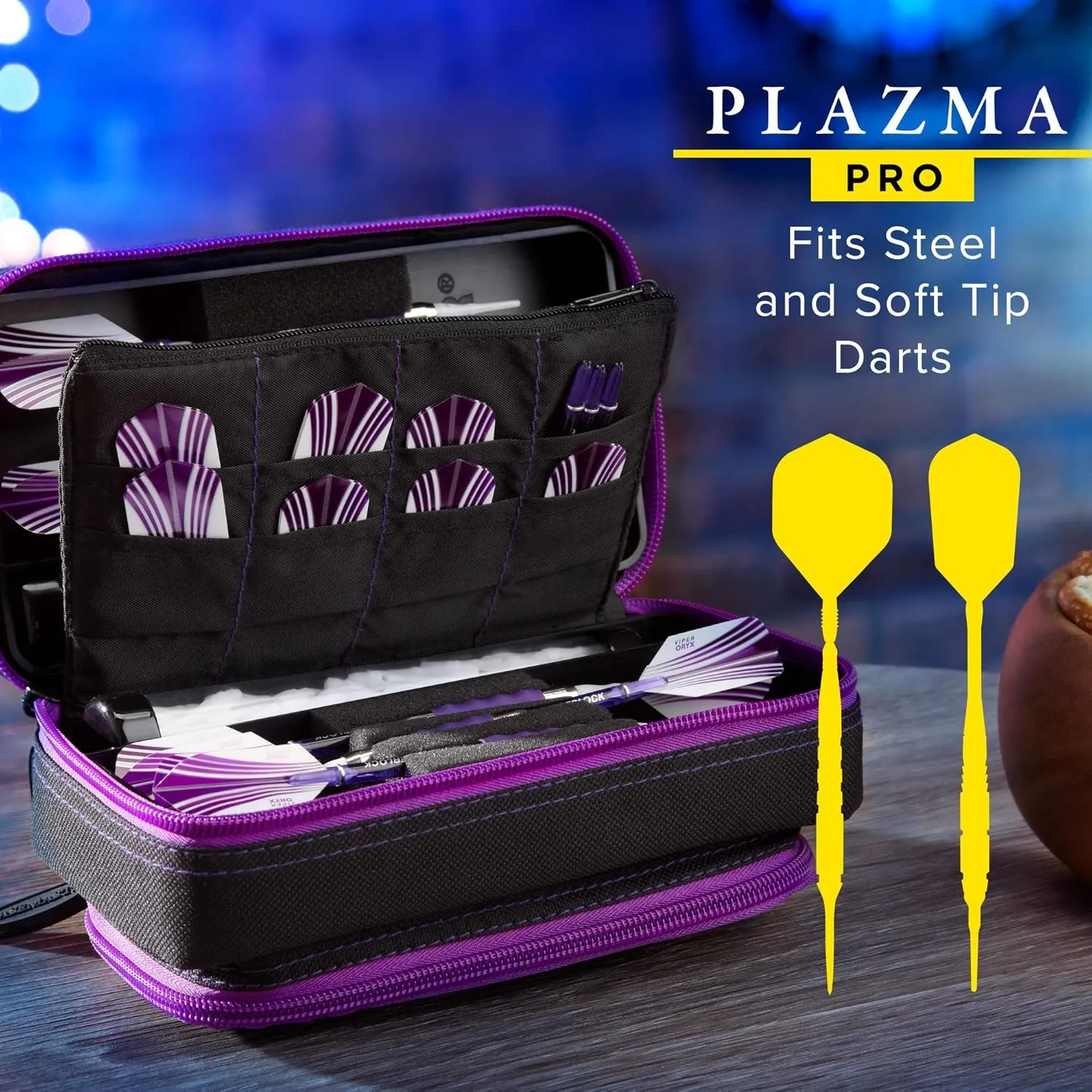 Casemaster Plazma Pro, 6 Dart Case for Soft and Steel Tip Darts, Features Large Front Mobile Device Pocket, Built-In Storage Tubes and Pockets for Flights, Tips, Shafts, and Personal Items