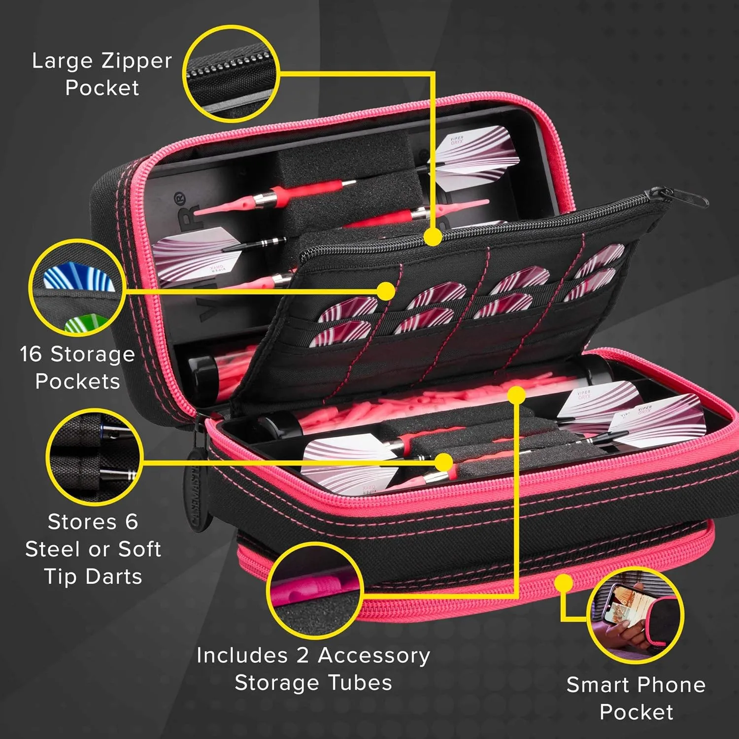 Casemaster Plazma Pro, 6 Dart Case for Soft and Steel Tip Darts, Features Large Front Mobile Device Pocket, Built-In Storage Tubes and Pockets for Flights, Tips, Shafts, and Personal Items