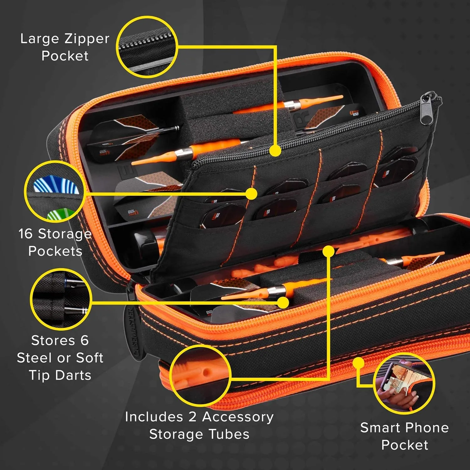 Casemaster Plazma Pro, 6 Dart Case for Soft and Steel Tip Darts, Features Large Front Mobile Device Pocket, Built-In Storage Tubes and Pockets for Flights, Tips, Shafts, and Personal Items