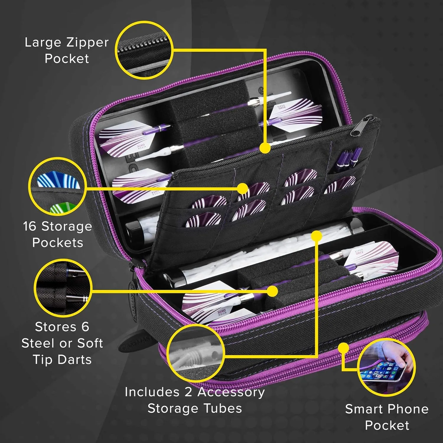 Casemaster Plazma Pro, 6 Dart Case for Soft and Steel Tip Darts, Features Large Front Mobile Device Pocket, Built-In Storage Tubes and Pockets for Flights, Tips, Shafts, and Personal Items