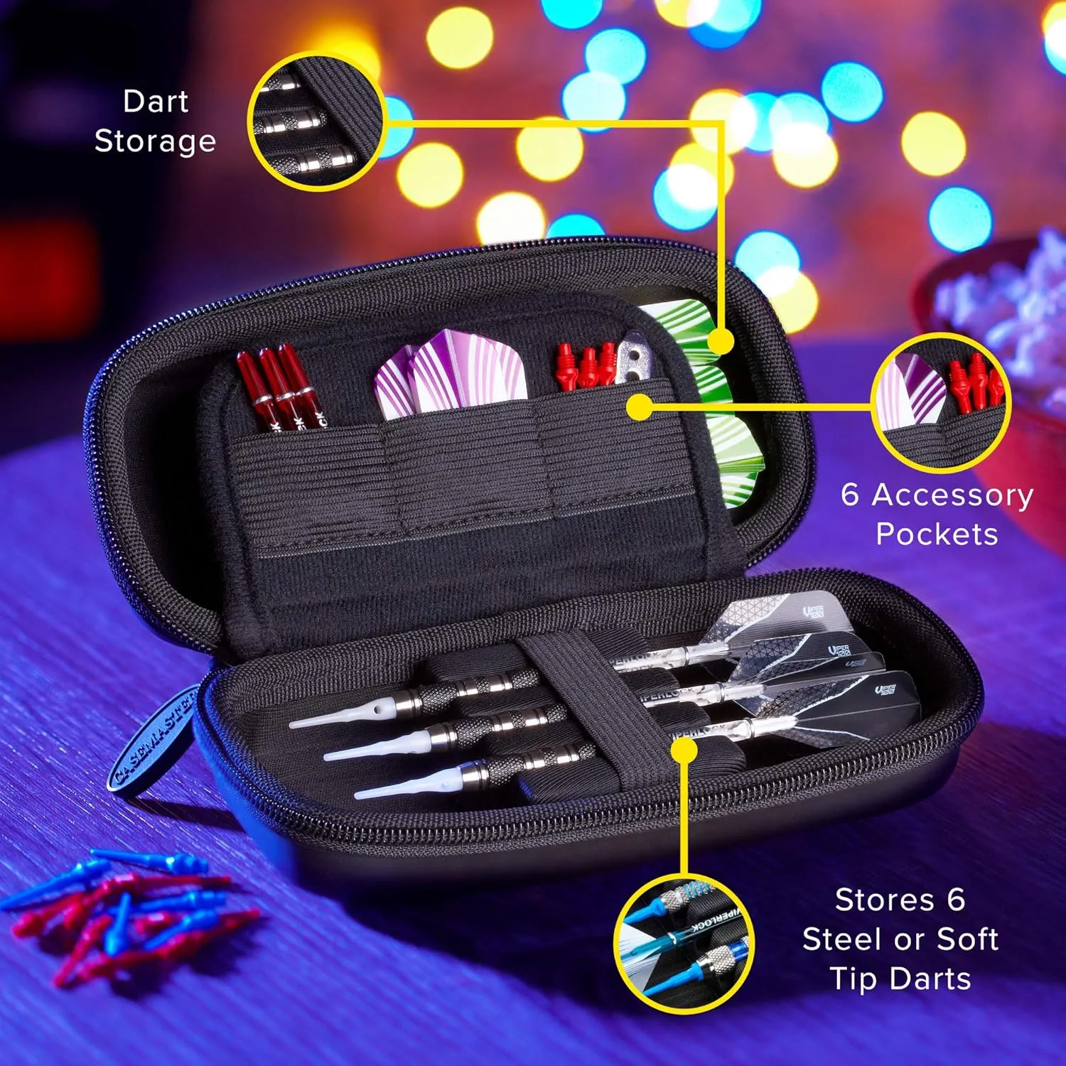 Casemaster Sentry Dart Case Slim EVA Shell for Steel and Soft Tip Darts, Hold 6 Darts and Features Built-in Storage for Flights, Tips and Shafts
