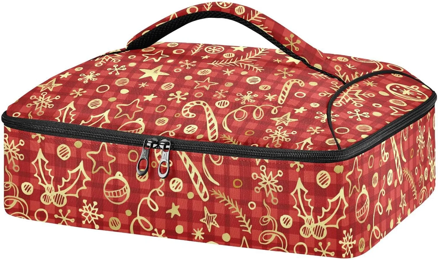 Christmas Gold Ball Stars Pizza Carrier Insulated Bags Checkered Pizza Warmer Bags Grocery Tote Insulation Bag for for Travel Picnic Potluck Parties Beach