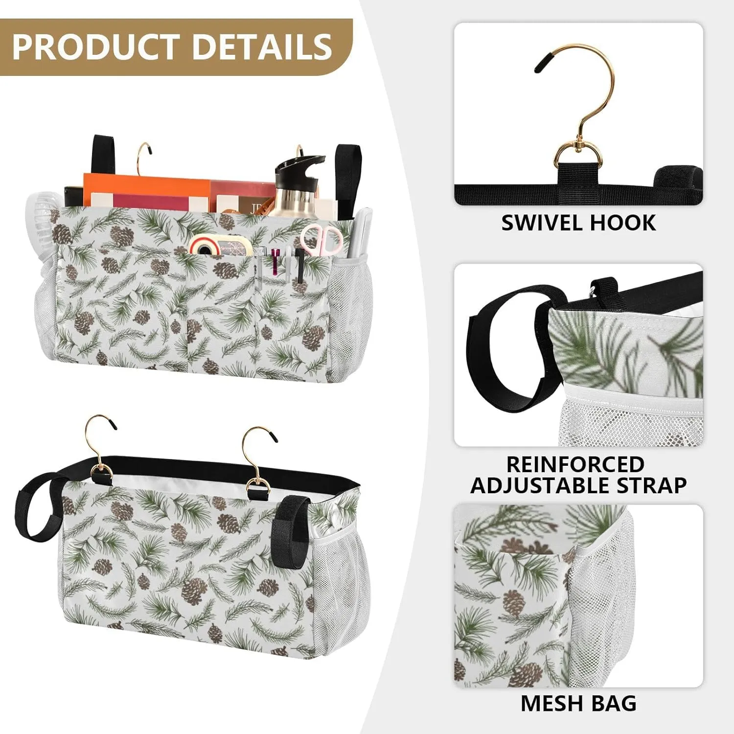 Christmas Tree Green Branches Pine Cone Fir Spruce Iron Frame Bedside Hanging Bag Magazine Holders Bedside Bag With Hooks for Dorm Bed Bunk Bed 14.2 x 4.9 x 7.9 inch