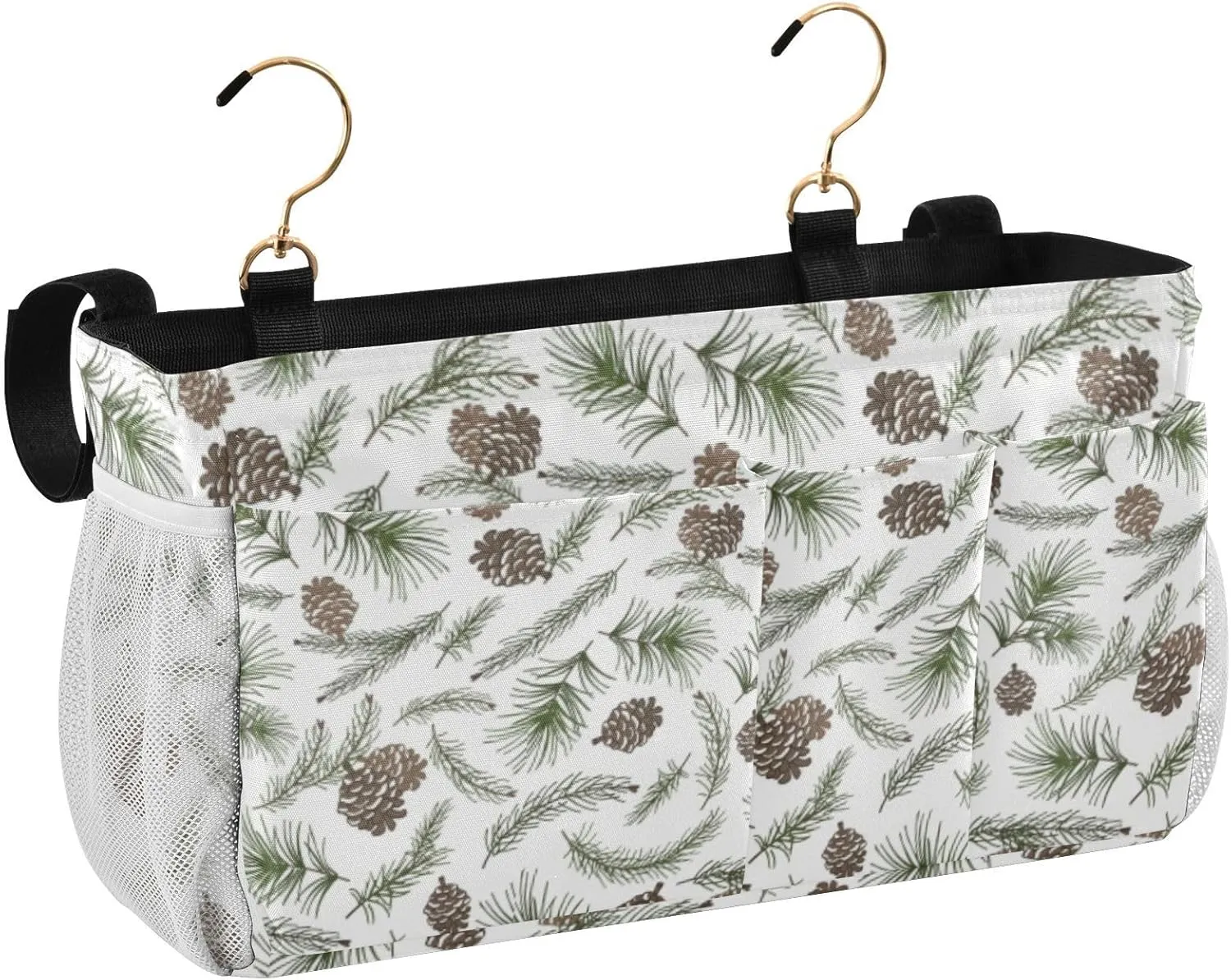 Christmas Tree Green Branches Pine Cone Fir Spruce Iron Frame Bedside Hanging Bag Magazine Holders Bedside Bag With Hooks for Dorm Bed Bunk Bed 14.2 x 4.9 x 7.9 inch