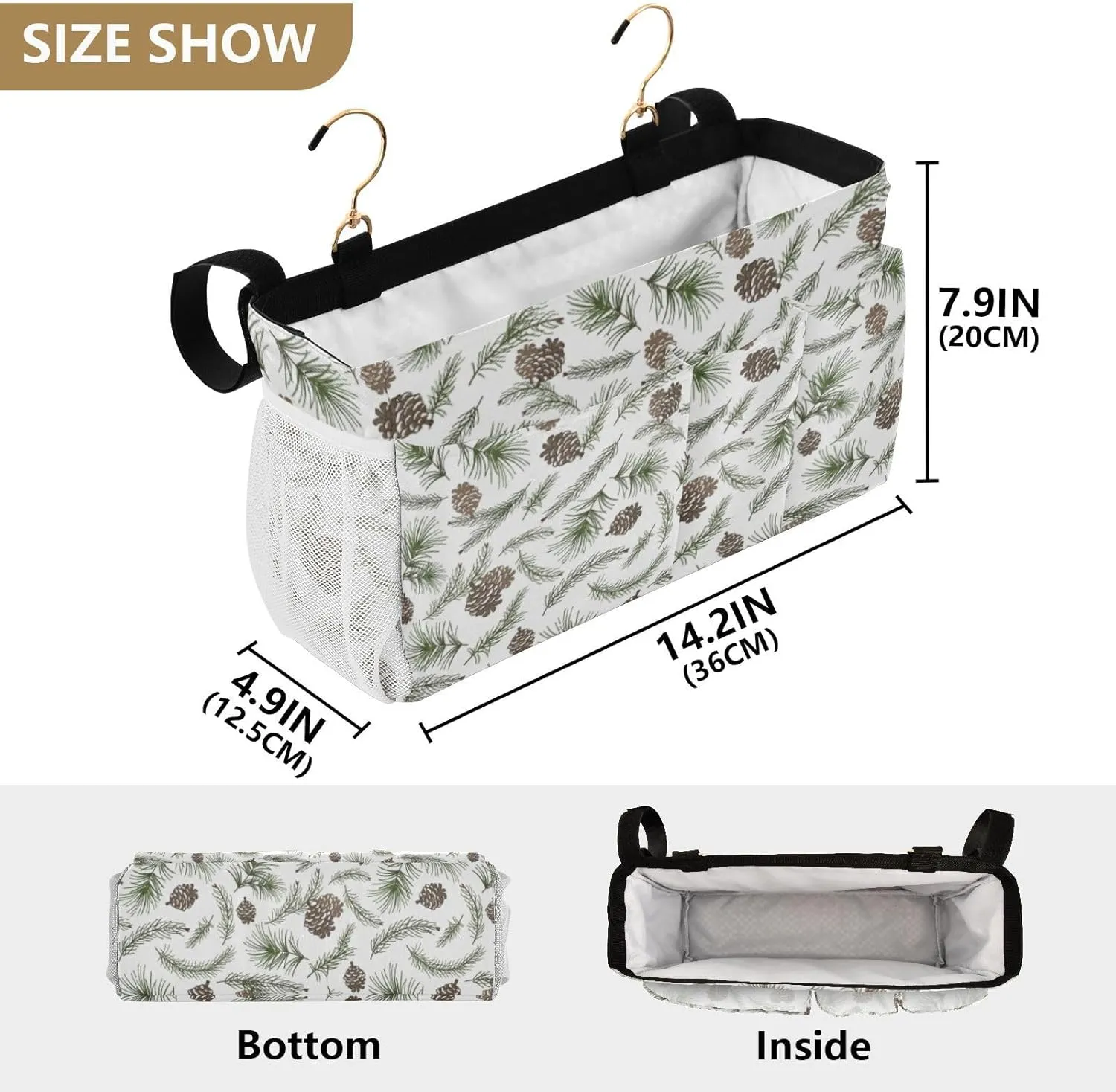 Christmas Tree Green Branches Pine Cone Fir Spruce Iron Frame Bedside Hanging Bag Magazine Holders Bedside Bag With Hooks for Dorm Bed Bunk Bed 14.2 x 4.9 x 7.9 inch