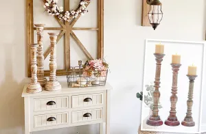 Chunky Wooden Carved Candle Holders, Set of 3