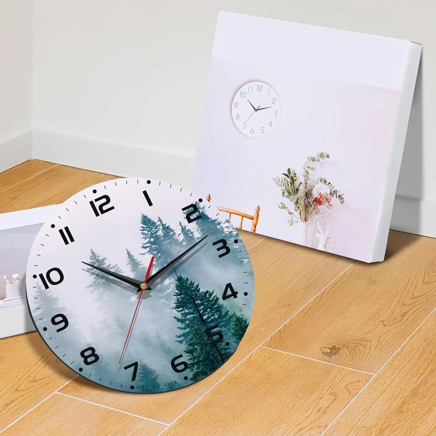 Clock for Living Room, Misty Forest Wall Clocks Wooden Wall Clock Art Hanging Clocks Silent Non-Ticking Wall Clock Battery Operated Round Home Arabic Numeral Decorative Wall Clocks 10 Inch