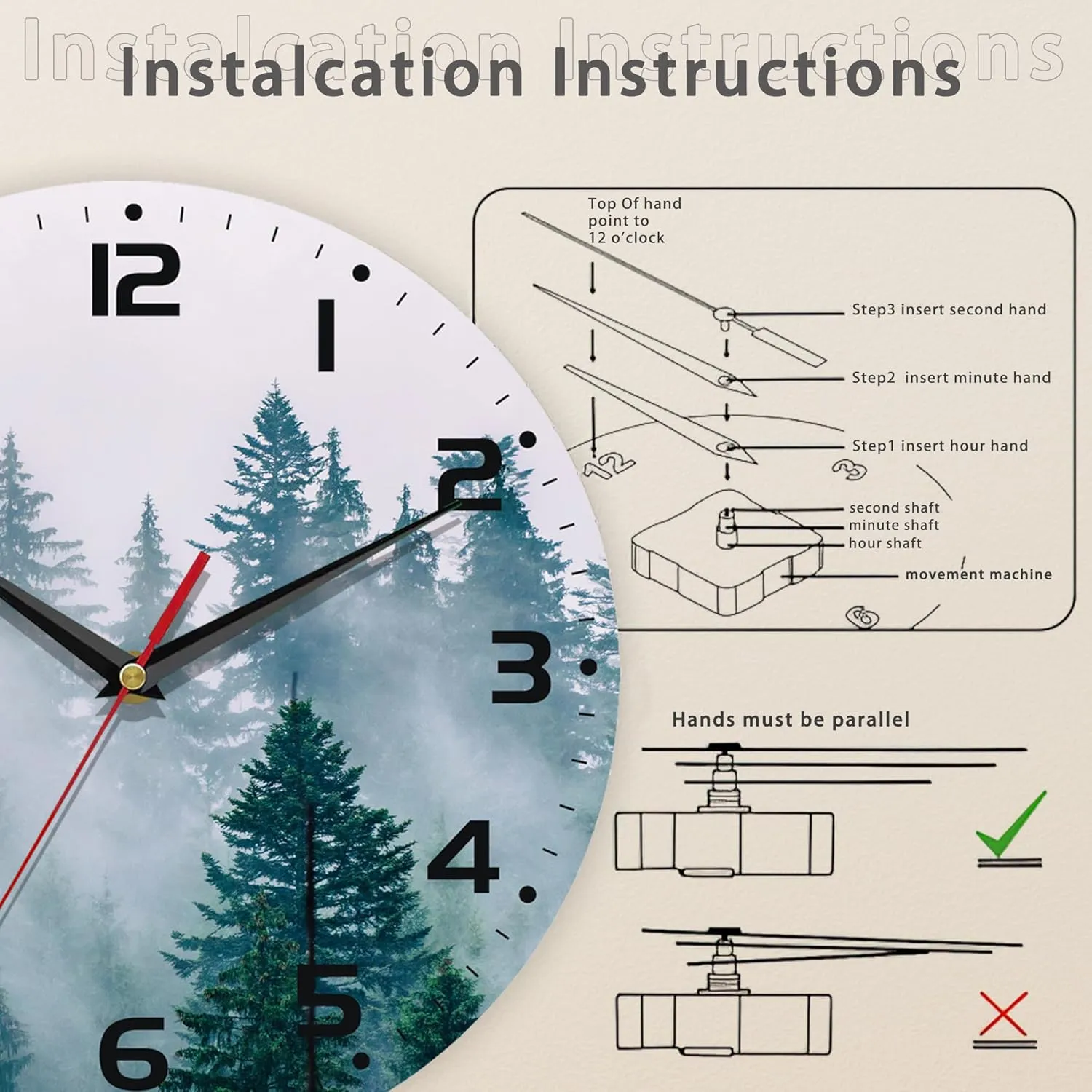 Clock for Living Room, Misty Forest Wall Clocks Wooden Wall Clock Art Hanging Clocks Silent Non-Ticking Wall Clock Battery Operated Round Home Arabic Numeral Decorative Wall Clocks 10 Inch