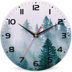Clock for Living Room, Misty Forest Wall Clocks Wooden Wall Clock Art Hanging Clocks Silent Non-Ticking Wall Clock Battery Operated Round Home Arabic Numeral Decorative Wall Clocks 10 Inch