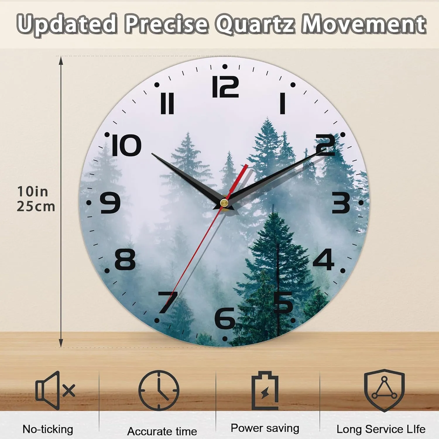 Clock for Living Room, Misty Forest Wall Clocks Wooden Wall Clock Art Hanging Clocks Silent Non-Ticking Wall Clock Battery Operated Round Home Arabic Numeral Decorative Wall Clocks 10 Inch