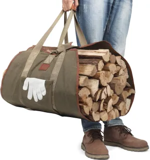 COMFYHOME Waxed Canvas Log Carrier Tote Bag w/Pocket, Leather Handle, Max Load 120lbs, 40X20 Inch Water Resistant Firewood Carrier, Heavy Duty Fire Wood Carrier Tote for Camping Indoor Fireplace Stove