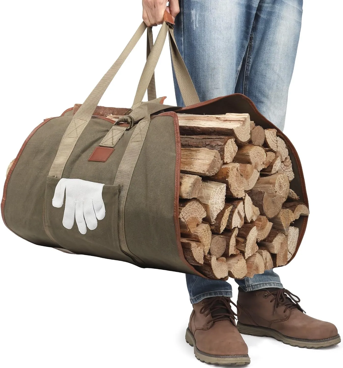 COMFYHOME Waxed Canvas Log Carrier Tote Bag w/Pocket, Leather Handle, Max Load 120lbs, 40X20 Inch Water Resistant Firewood Carrier, Heavy Duty Fire Wood Carrier Tote for Camping Indoor Fireplace Stove