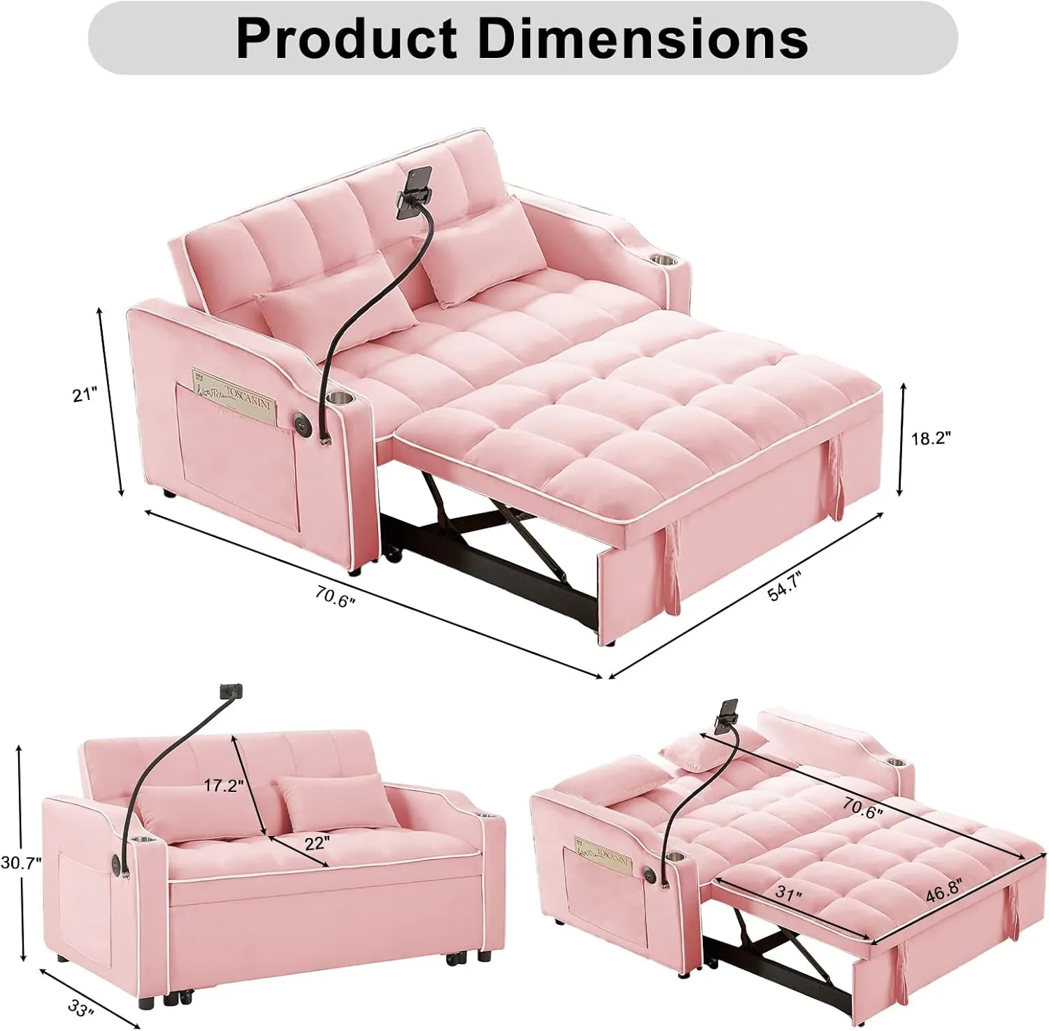 Convertible Sofa Bed, Sleeper Sofa with Side Pocket, Adjustable Backrest, Living Room Sofa with Phone Holder, Pull Out Couch, Loveseat with Cup Holder and USB Interface (Velvet, Pink)