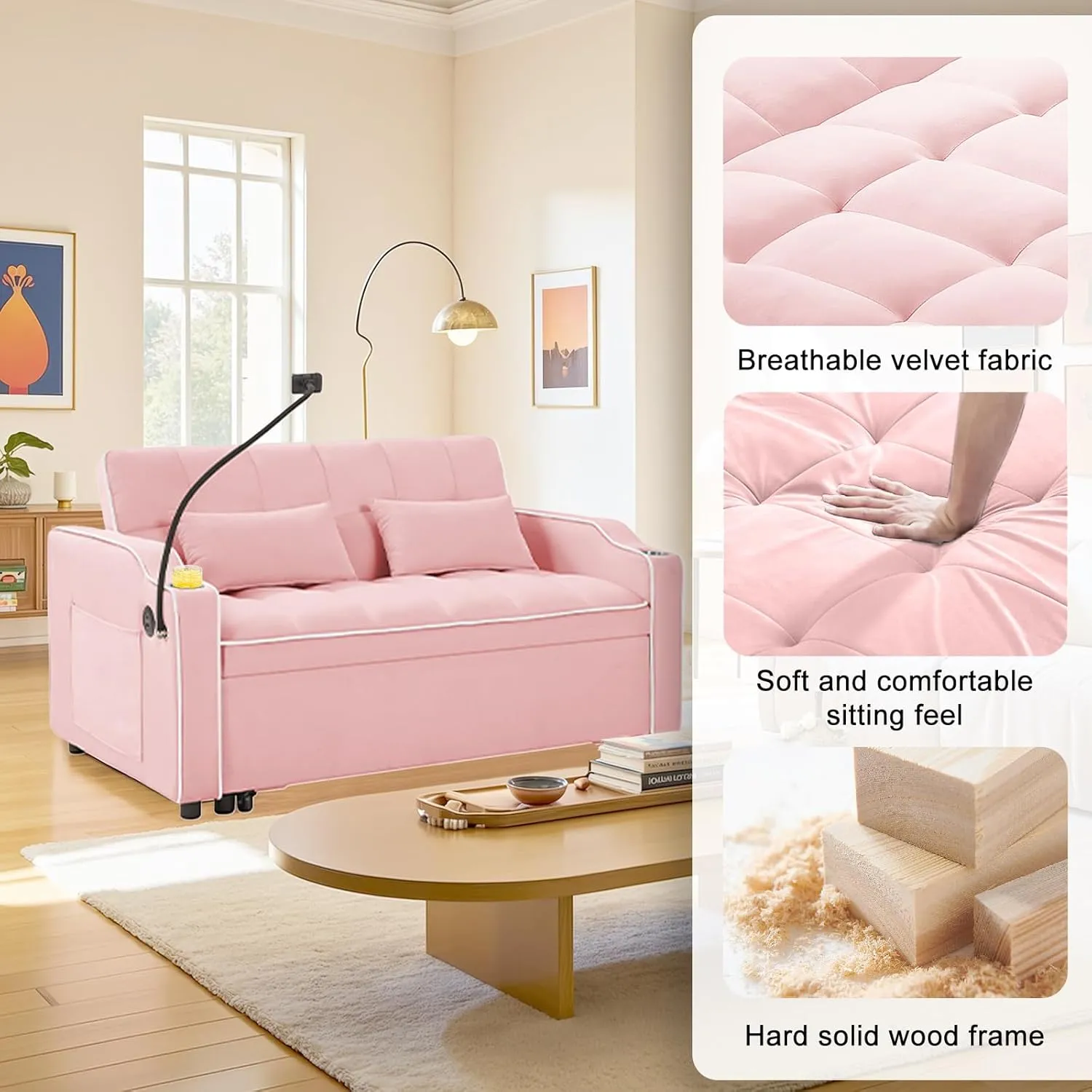 Convertible Sofa Bed, Sleeper Sofa with Side Pocket, Adjustable Backrest, Living Room Sofa with Phone Holder, Pull Out Couch, Loveseat with Cup Holder and USB Interface (Velvet, Pink)