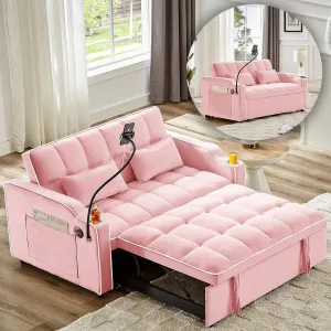 Convertible Sofa Bed, Sleeper Sofa with Side Pocket, Adjustable Backrest, Living Room Sofa with Phone Holder, Pull Out Couch, Loveseat with Cup Holder and USB Interface (Velvet, Pink)