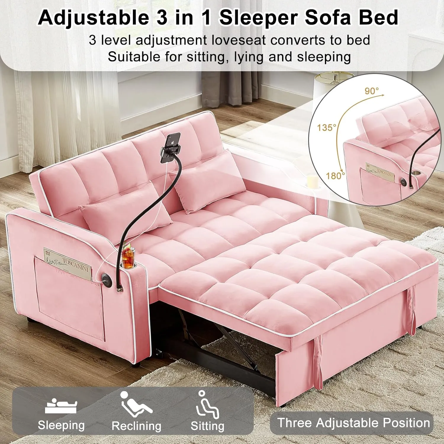 Convertible Sofa Bed, Sleeper Sofa with Side Pocket, Adjustable Backrest, Living Room Sofa with Phone Holder, Pull Out Couch, Loveseat with Cup Holder and USB Interface (Velvet, Pink)