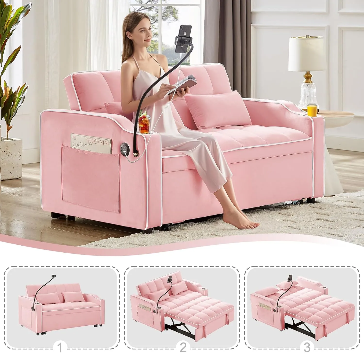 Convertible Sofa Bed, Sleeper Sofa with Side Pocket, Adjustable Backrest, Living Room Sofa with Phone Holder, Pull Out Couch, Loveseat with Cup Holder and USB Interface (Velvet, Pink)