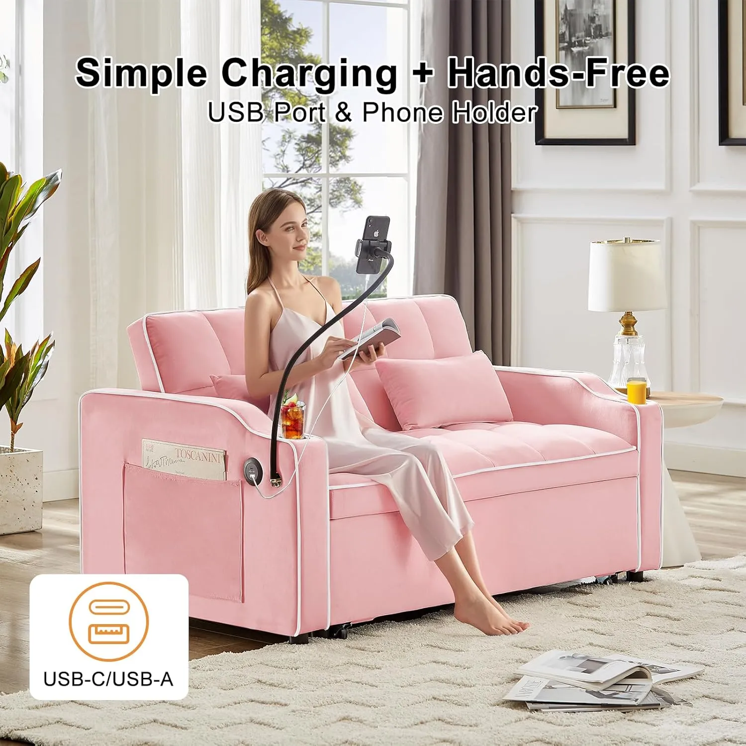 Convertible Sofa Bed, Sleeper Sofa with Side Pocket, Adjustable Backrest, Living Room Sofa with Phone Holder, Pull Out Couch, Loveseat with Cup Holder and USB Interface (Velvet, Pink)