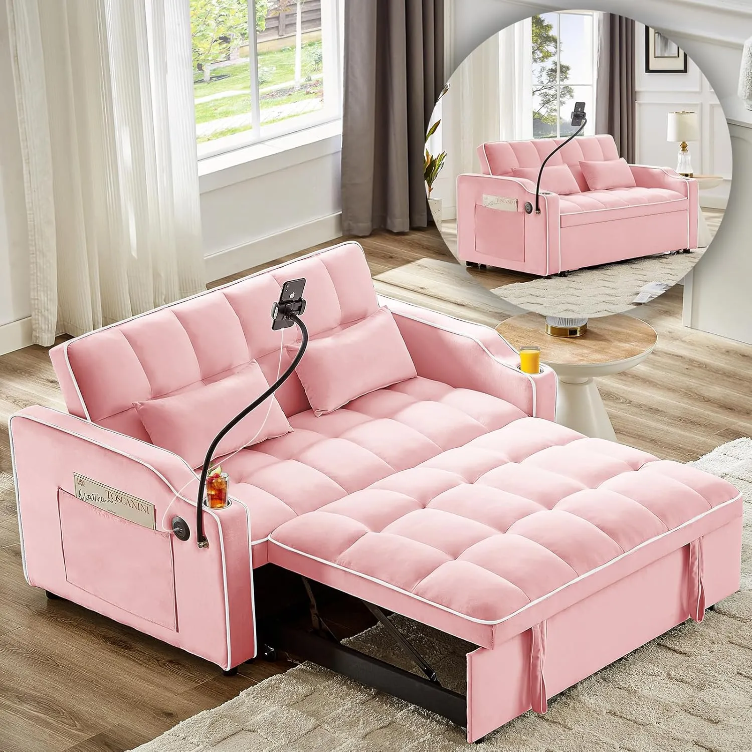 Convertible Sofa Bed, Sleeper Sofa with Side Pocket, Adjustable Backrest, Living Room Sofa with Phone Holder, Pull Out Couch, Loveseat with Cup Holder and USB Interface (Velvet, Pink)