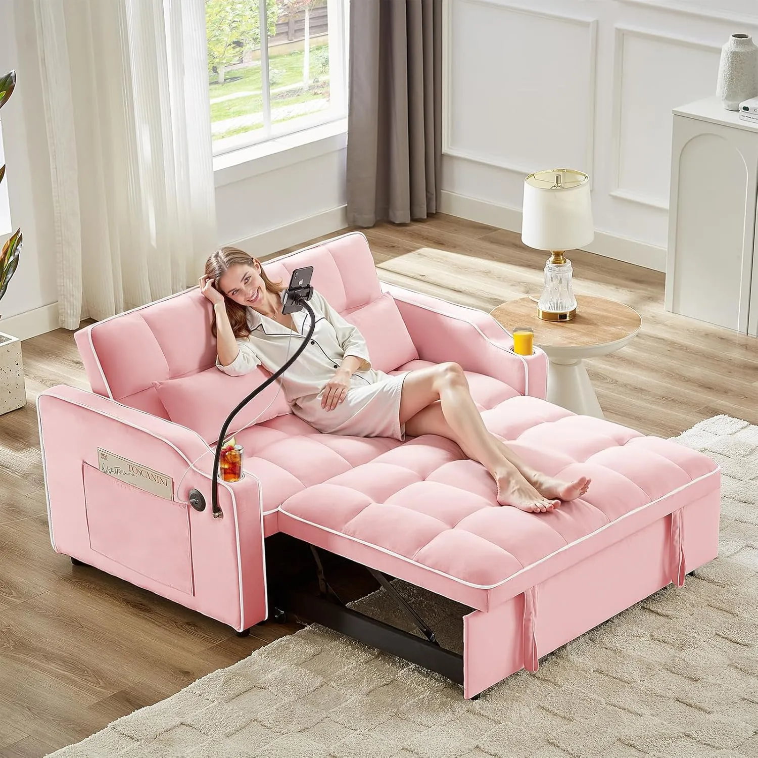 Convertible Sofa Bed, Sleeper Sofa with Side Pocket, Adjustable Backrest, Living Room Sofa with Phone Holder, Pull Out Couch, Loveseat with Cup Holder and USB Interface (Velvet, Pink)