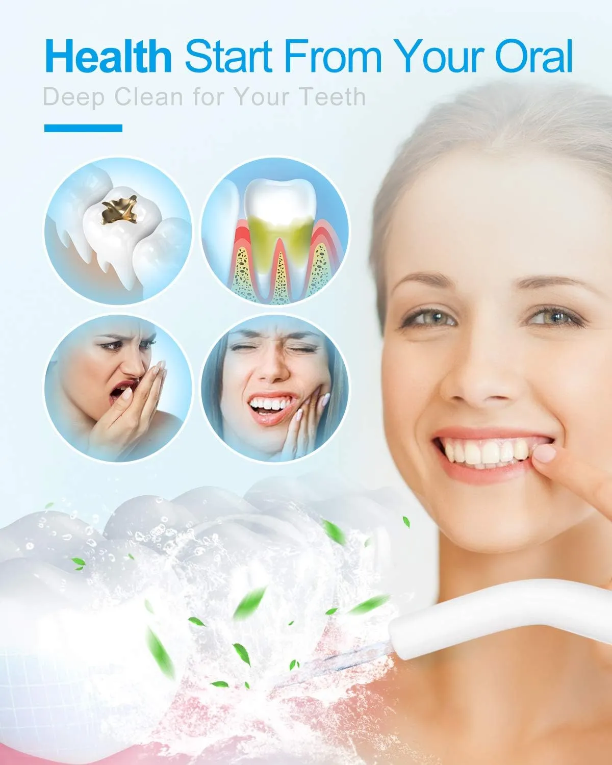 Cordless Water Flosser Teeth Cleaner, Nicefeel 300ML 2 Tip Cases Portable and USB Rechargeable Oral Irrigator for Travel, IPX7 Waterproof, 3-Mode Water Flossing with 4 Jet Tips for Home Blue