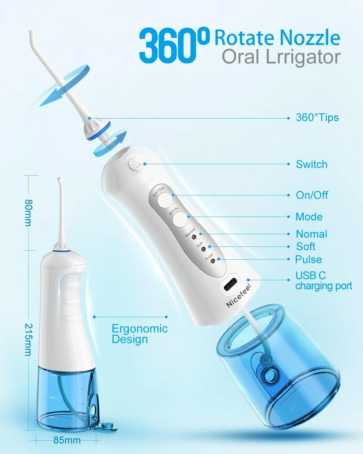 Cordless Water Flosser Teeth Cleaner, Nicefeel 300ML 2 Tip Cases Portable and USB Rechargeable Oral Irrigator for Travel, IPX7 Waterproof, 3-Mode Water Flossing with 4 Jet Tips for Home Blue