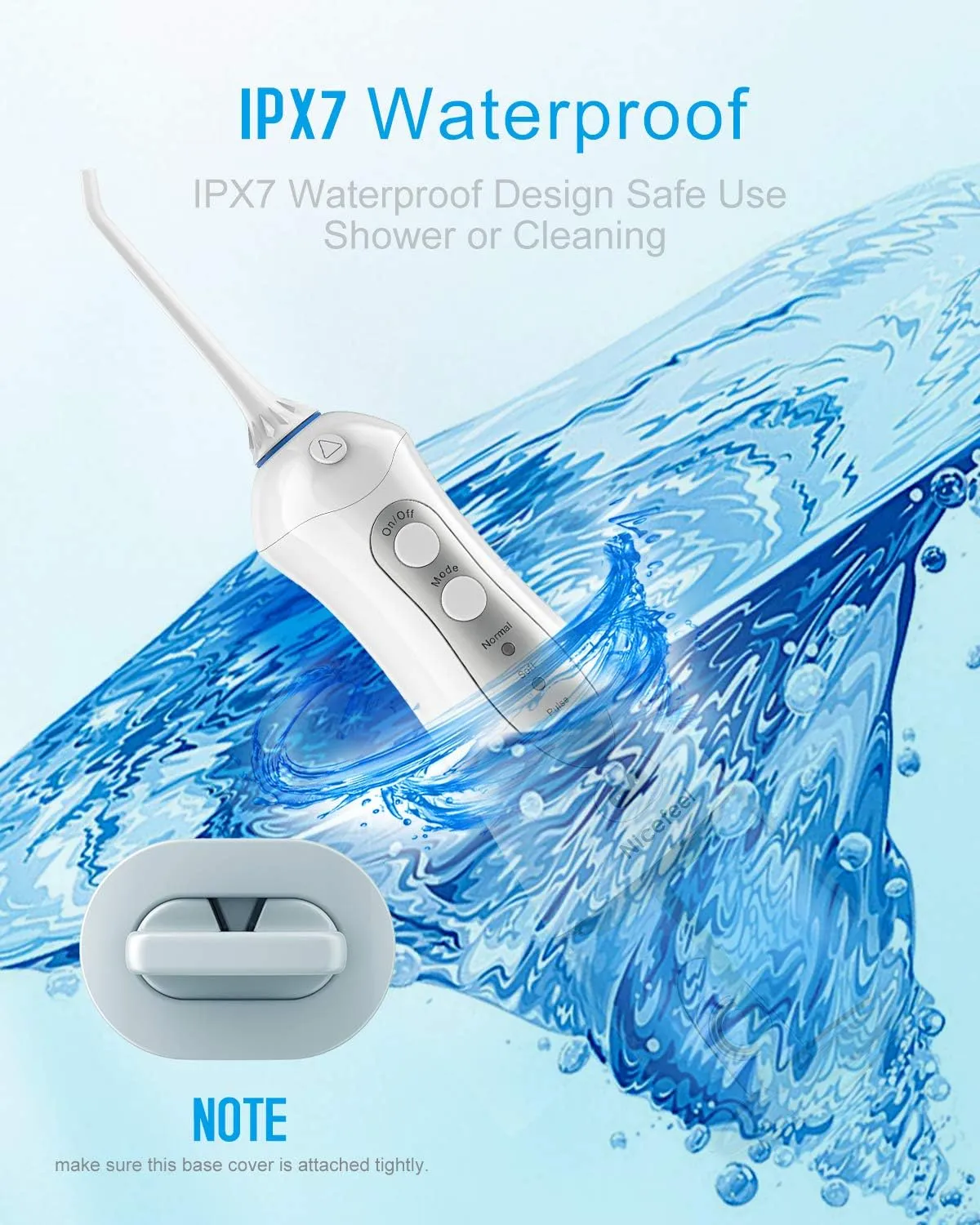 Cordless Water Flosser Teeth Cleaner, Nicefeel 300ML 2 Tip Cases Portable and USB Rechargeable Oral Irrigator for Travel, IPX7 Waterproof, 3-Mode Water Flossing with 4 Jet Tips for Home Blue