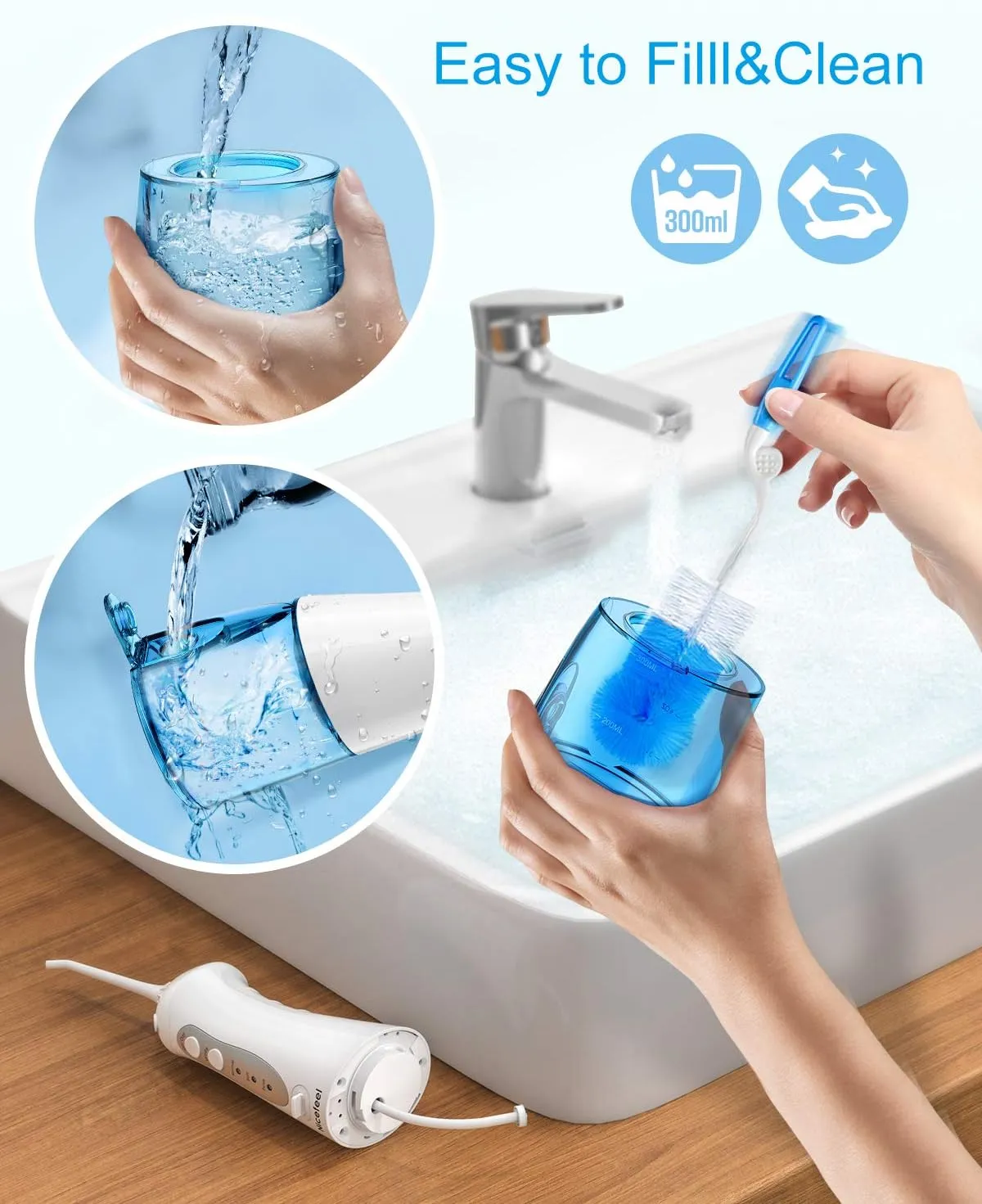 Cordless Water Flosser Teeth Cleaner, Nicefeel 300ML 2 Tip Cases Portable and USB Rechargeable Oral Irrigator for Travel, IPX7 Waterproof, 3-Mode Water Flossing with 4 Jet Tips for Home Blue