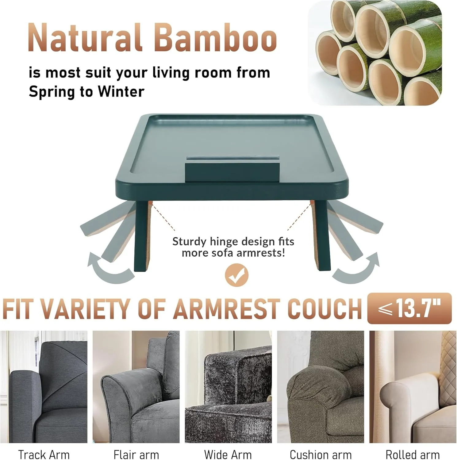 Couch Arm Table Tray, Bamboo Sofa Arm Clip on Tray Table, Large Sofa Armrest Tray with 360° Phone Holder,Portable Sofa Table for Remote Snack