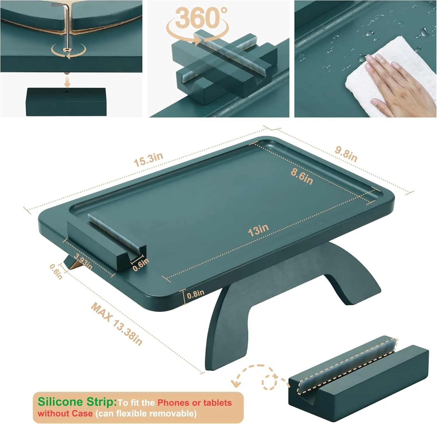Couch Arm Table Tray, Bamboo Sofa Arm Clip on Tray Table, Large Sofa Armrest Tray with 360° Phone Holder,Portable Sofa Table for Remote Snack