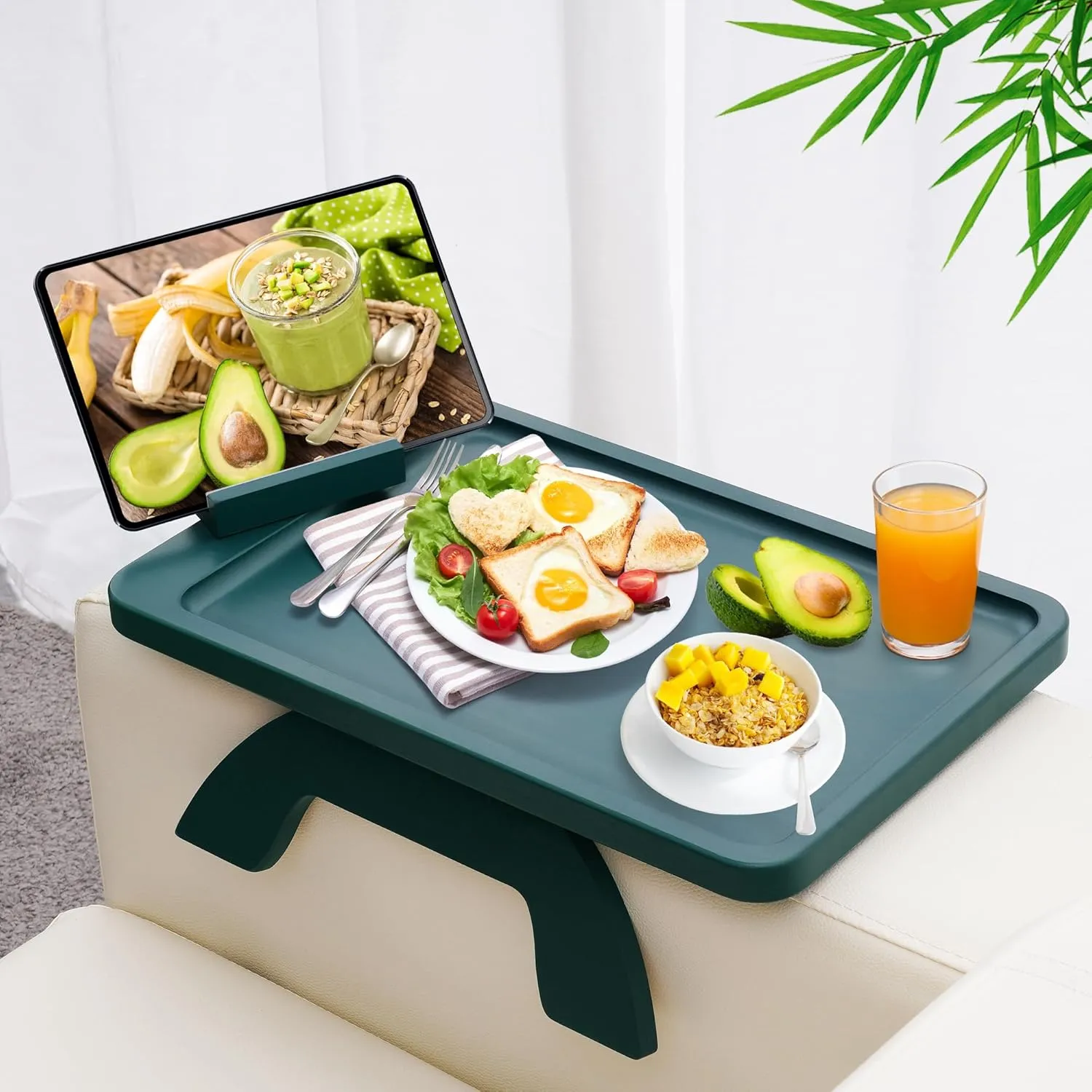 Couch Arm Table Tray, Bamboo Sofa Arm Clip on Tray Table, Large Sofa Armrest Tray with 360° Phone Holder,Portable Sofa Table for Remote Snack