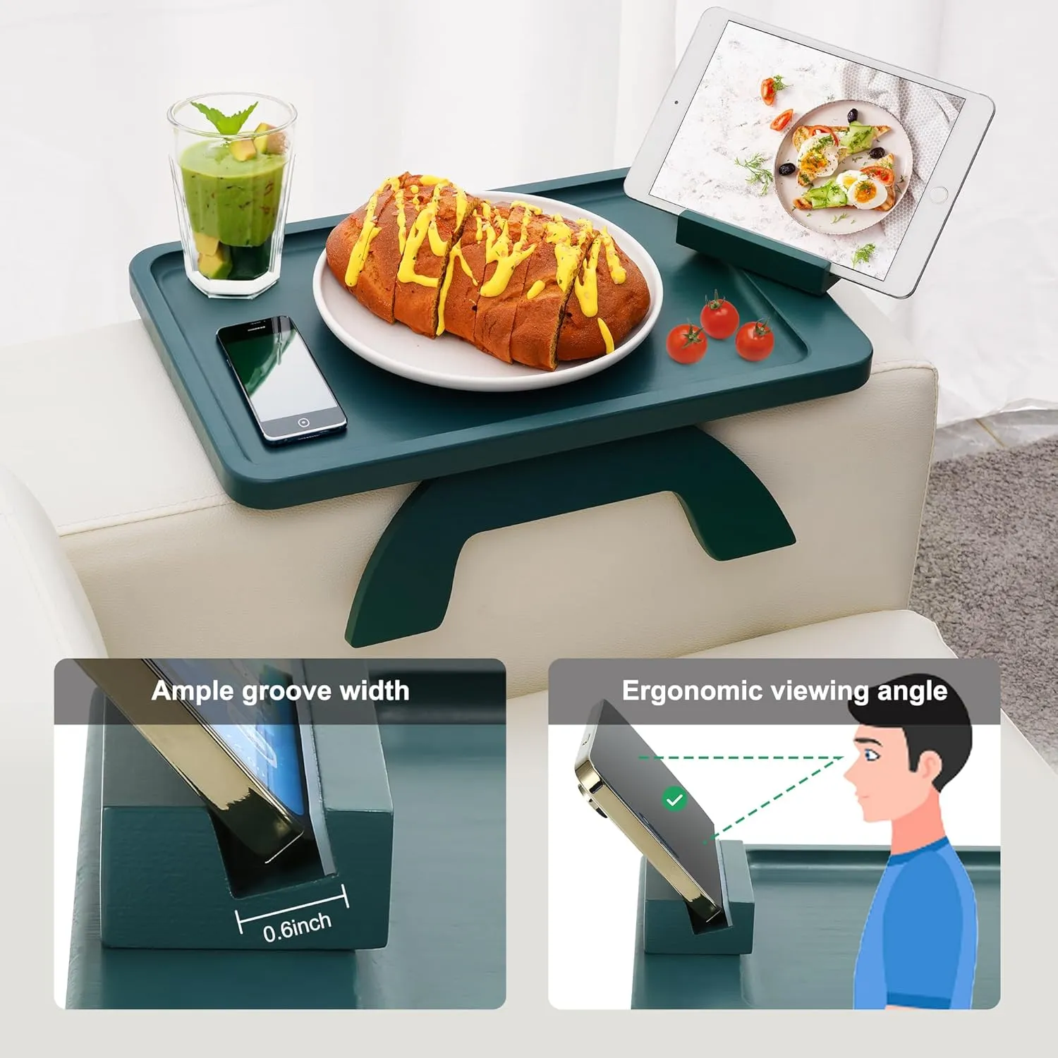 Couch Arm Table Tray, Bamboo Sofa Arm Clip on Tray Table, Large Sofa Armrest Tray with 360° Phone Holder,Portable Sofa Table for Remote Snack