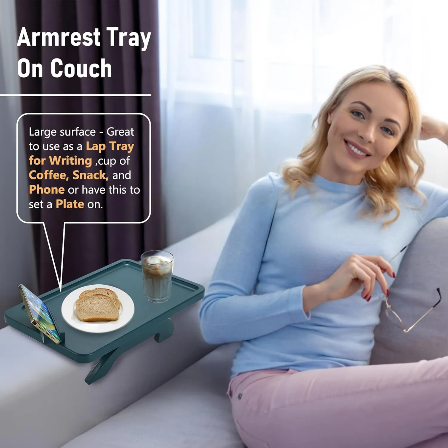 Couch Arm Table Tray, Bamboo Sofa Arm Clip on Tray Table, Large Sofa Armrest Tray with 360° Phone Holder,Portable Sofa Table for Remote Snack