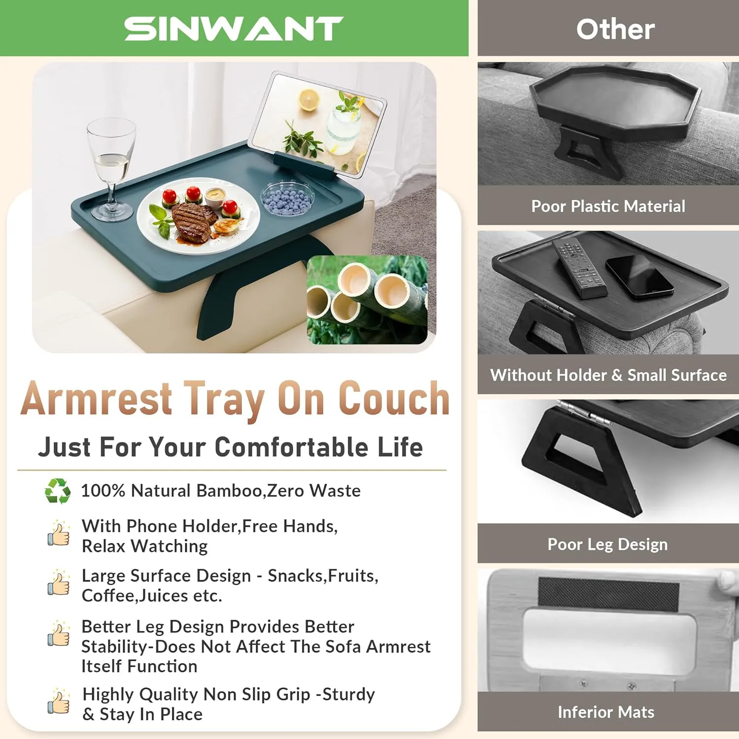 Couch Arm Table Tray, Bamboo Sofa Arm Clip on Tray Table, Large Sofa Armrest Tray with 360° Phone Holder,Portable Sofa Table for Remote Snack