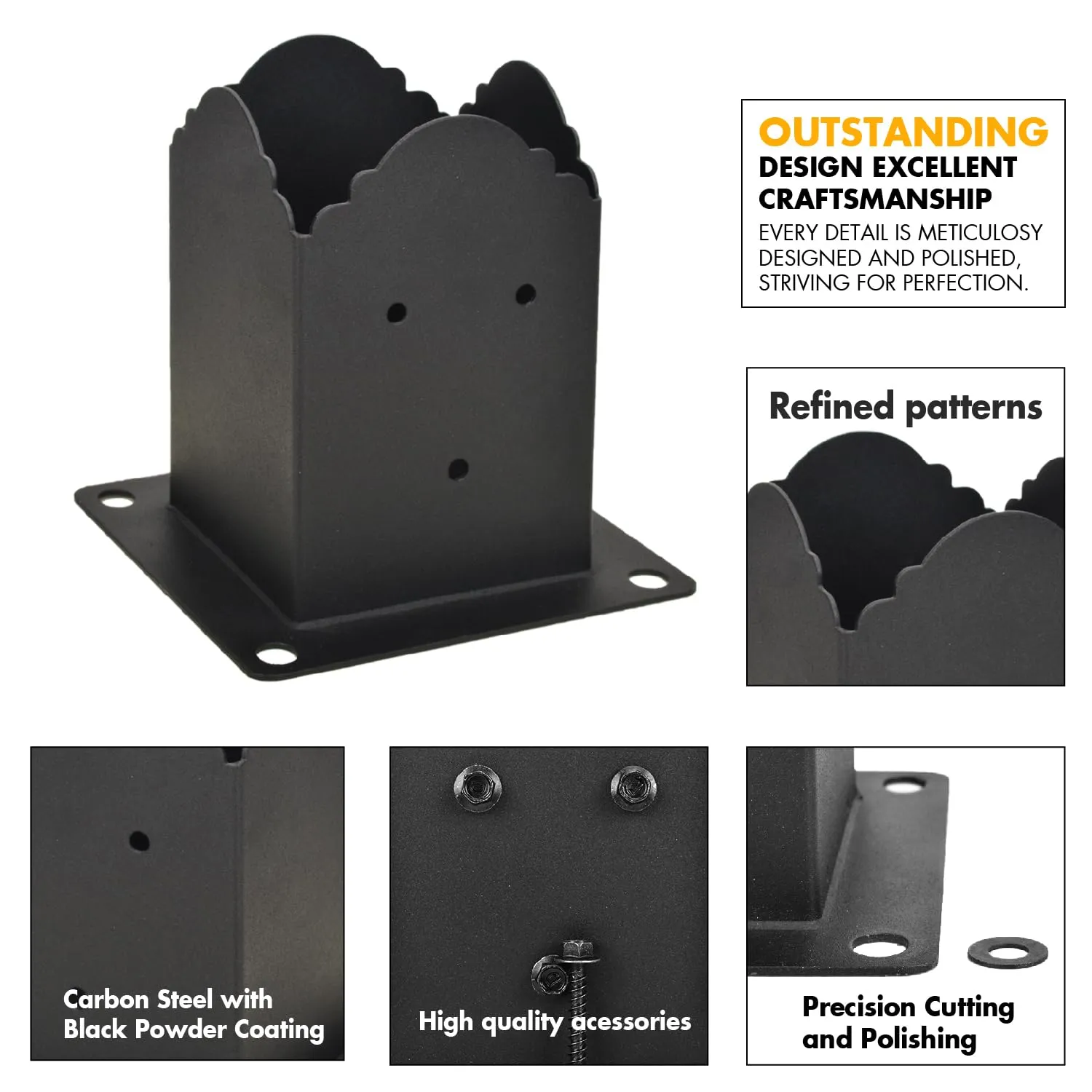 Creative Design 4x4 Post Base, Square Bracket Post Base for Fence Mailbox Deck, Bolt Down Post Base Wood Post Ground Anchor, Fit 3.5''x3.5'' Square Wood Post (Black - Set 8)