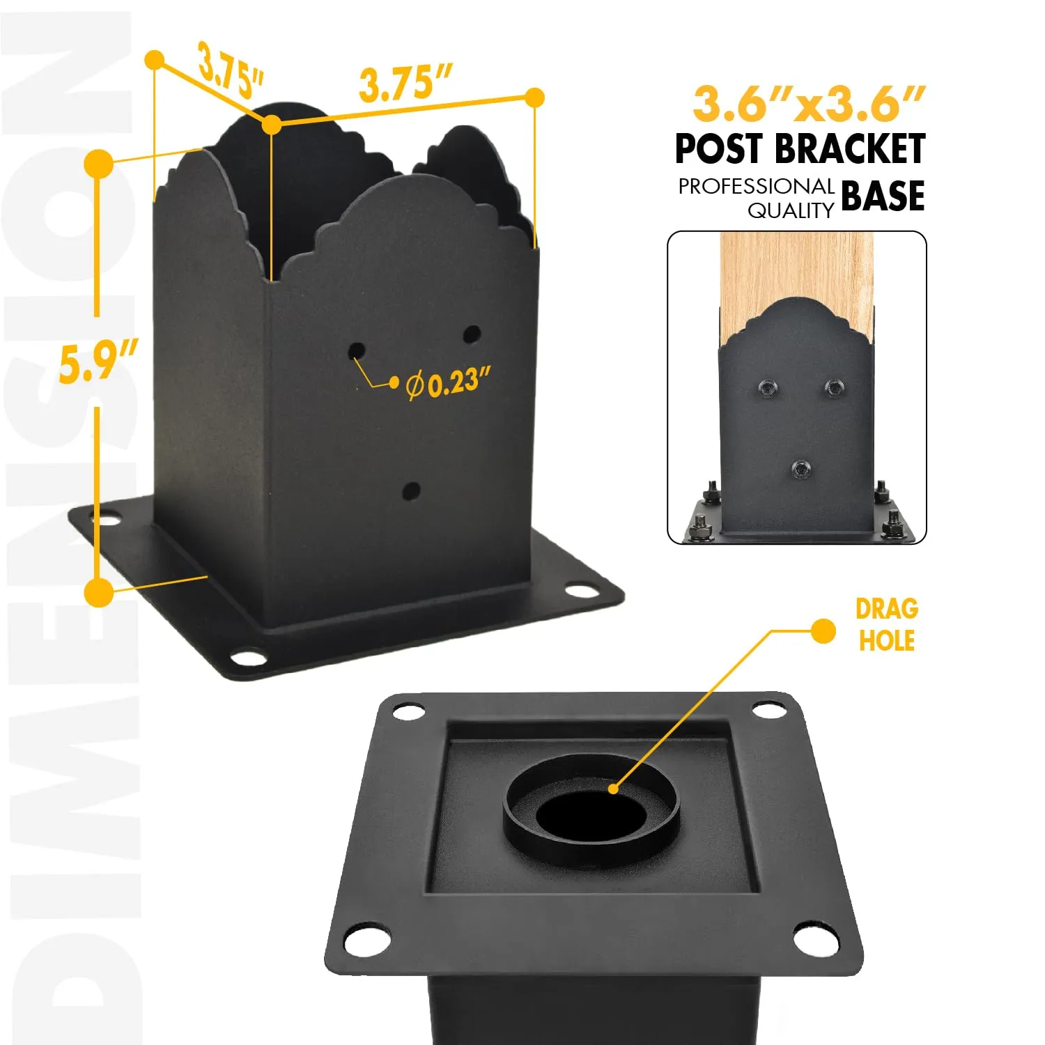Creative Design 4x4 Post Base, Square Bracket Post Base for Fence Mailbox Deck, Bolt Down Post Base Wood Post Ground Anchor, Fit 3.5''x3.5'' Square Wood Post (Black - Set 8)