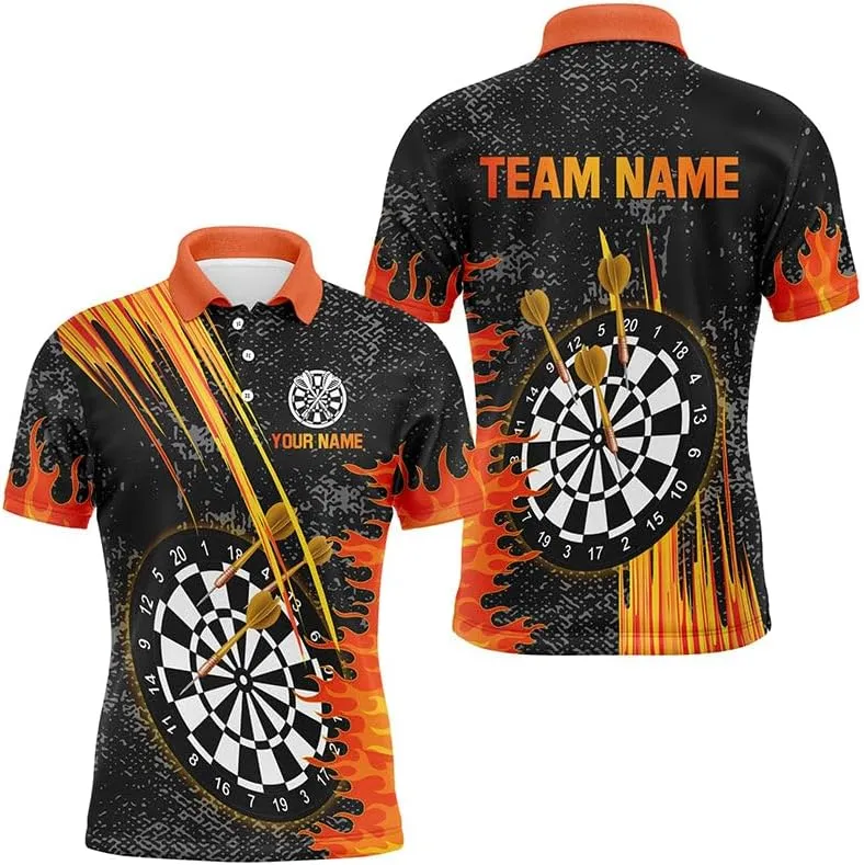 Customize Dart Shirts for Men, Dart Shirts, Grey Grunge Orange Fire Flame, Custom Jersey, Dart Player Gift
