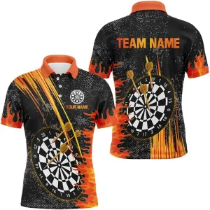 Customize Dart Shirts for Men, Dart Shirts, Grey Grunge Orange Fire Flame, Custom Jersey, Dart Player Gift