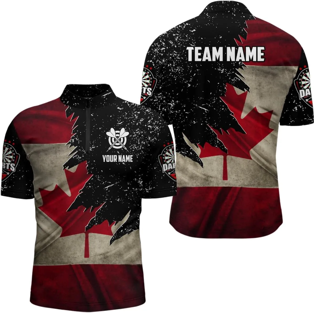 Customized Dart Shirts, Dart Jersey, Dart Jerseys for Men, Grunge Yellow Dartboard Skeleton, Quarter Zip