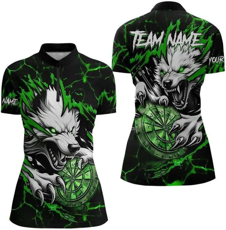 Customized Name, Team Name Jersey, Wolf Lightning Darts Polo & Quarter Zip Dart Shirts for Women Dart