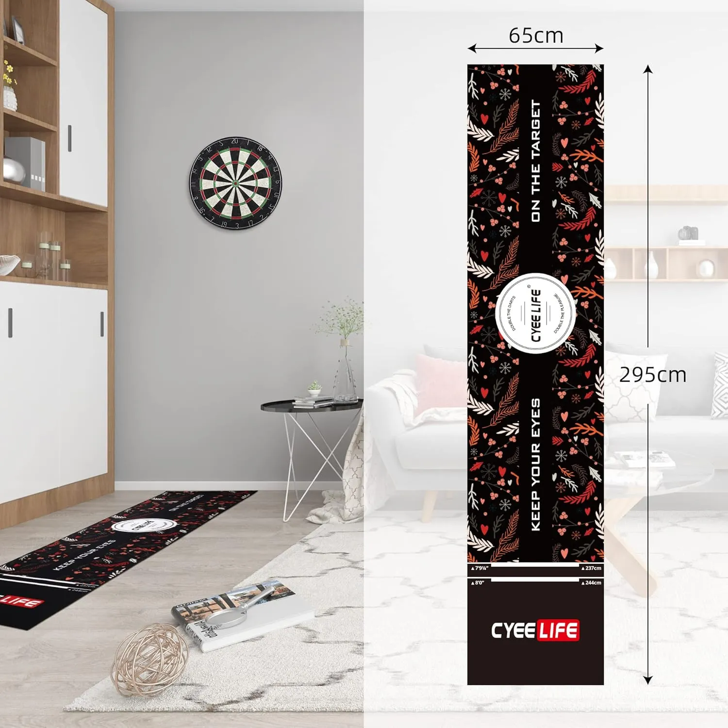 CyeeLife Dart Board Mat 65 * 295cm with Carrying Bag&Throw line for Steel and Soft Tip Darts Games with Start Lines
