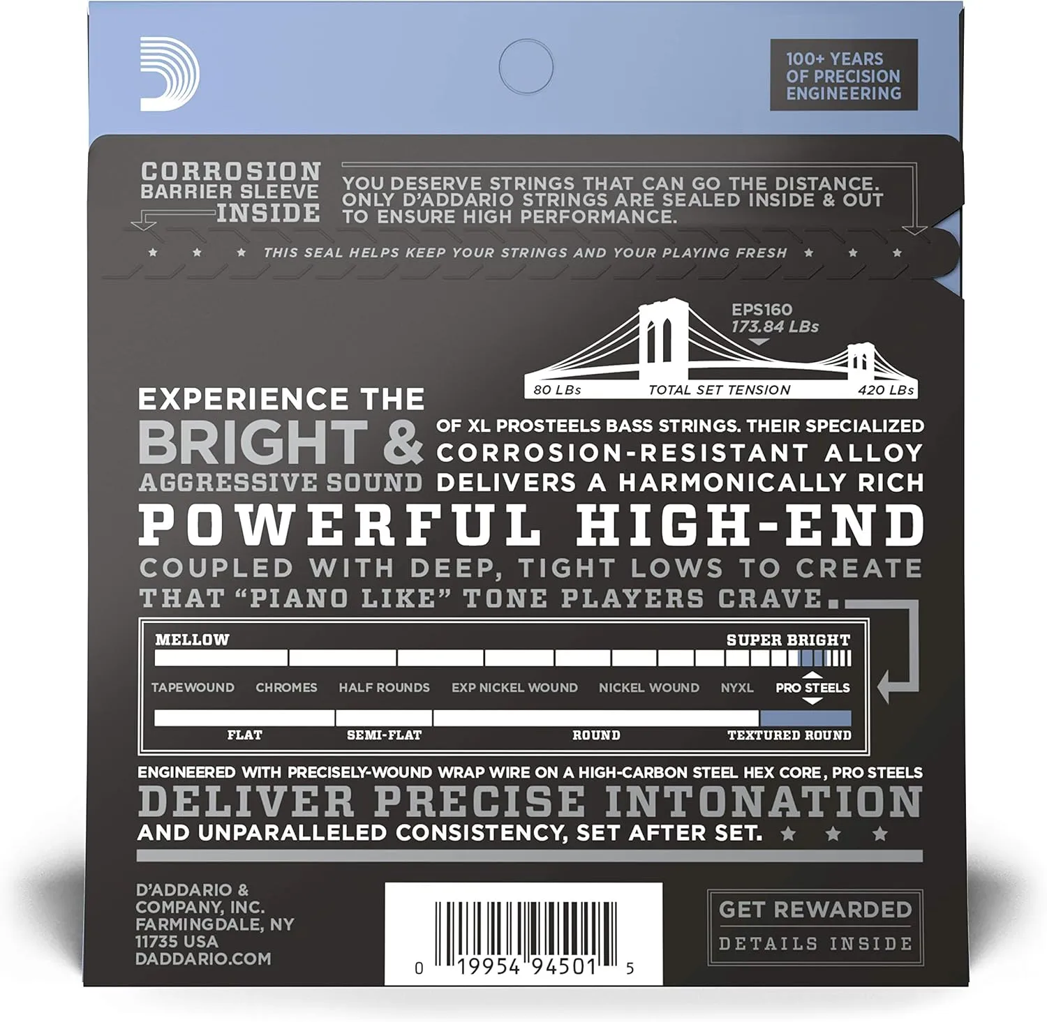 D'Addario Bass Guitar Strings, XL Pro Steels, EPS160, Long Scale, Medium Gauge 50-105, 4-String Set, Pack of 1