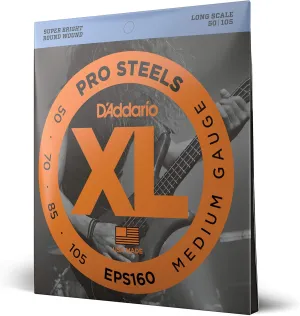 D'Addario Bass Guitar Strings, XL Pro Steels, EPS160, Long Scale, Medium Gauge 50-105, 4-String Set, Pack of 1