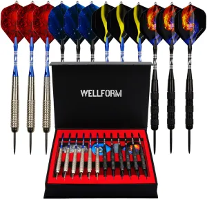 Darts Metal Tip Set，12 Pack 22 Gram with Nonslip Iron Barrel, Darts Steel Tip Set Professional,with 12 Aluminum Dart Shafts, 24 Extra Flights, Dart Sharpener, Dart Wrench, Stylish Gift Box