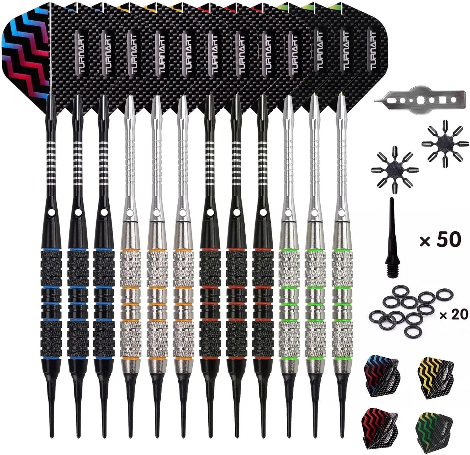 Darts Plastic Tip - Professional Soft Tip Darts Set for Electronic Dartboard 12 Pcs 18 Grams with 50 Extra Tips 24 Flights 2 Flight Protctors and Tool Kit Gift Darts
