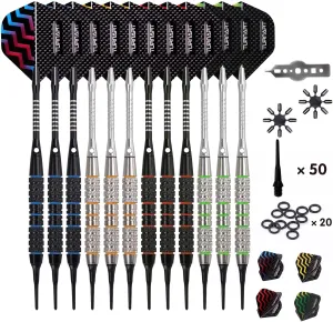 Darts Plastic Tip - Professional Soft Tip Darts Set for Electronic Dartboard 12 Pcs 18 Grams with 50 Extra Tips 24 Flights 2 Flight Protctors and Tool Kit Gift Darts
