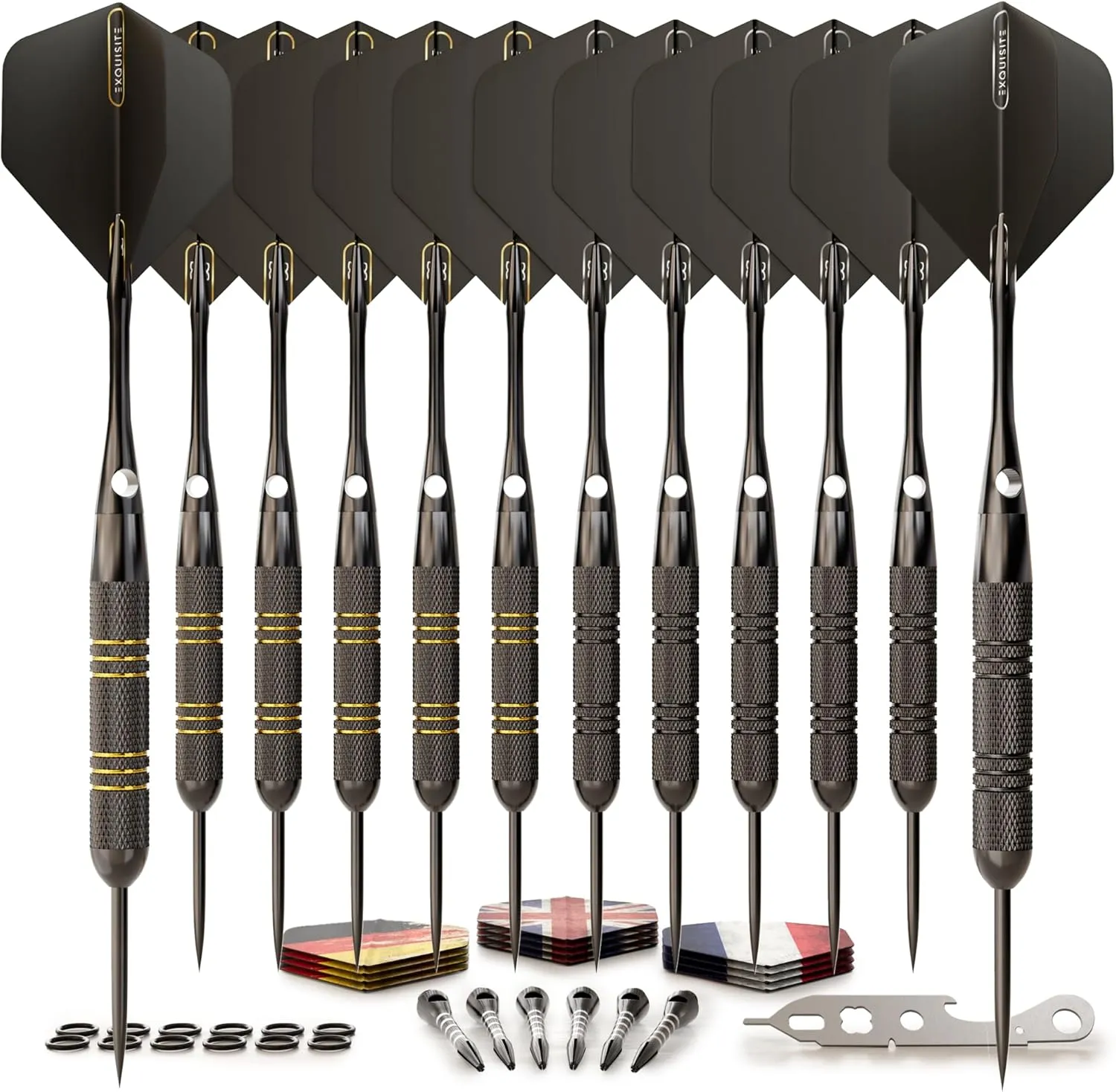 Darts Set | Professional 12 X 20/22g Metal Tip Darts | Steel Tip Darts with 24 Flights & 18 Aluminum shafts   Dart Tool, Rubber O-Rings