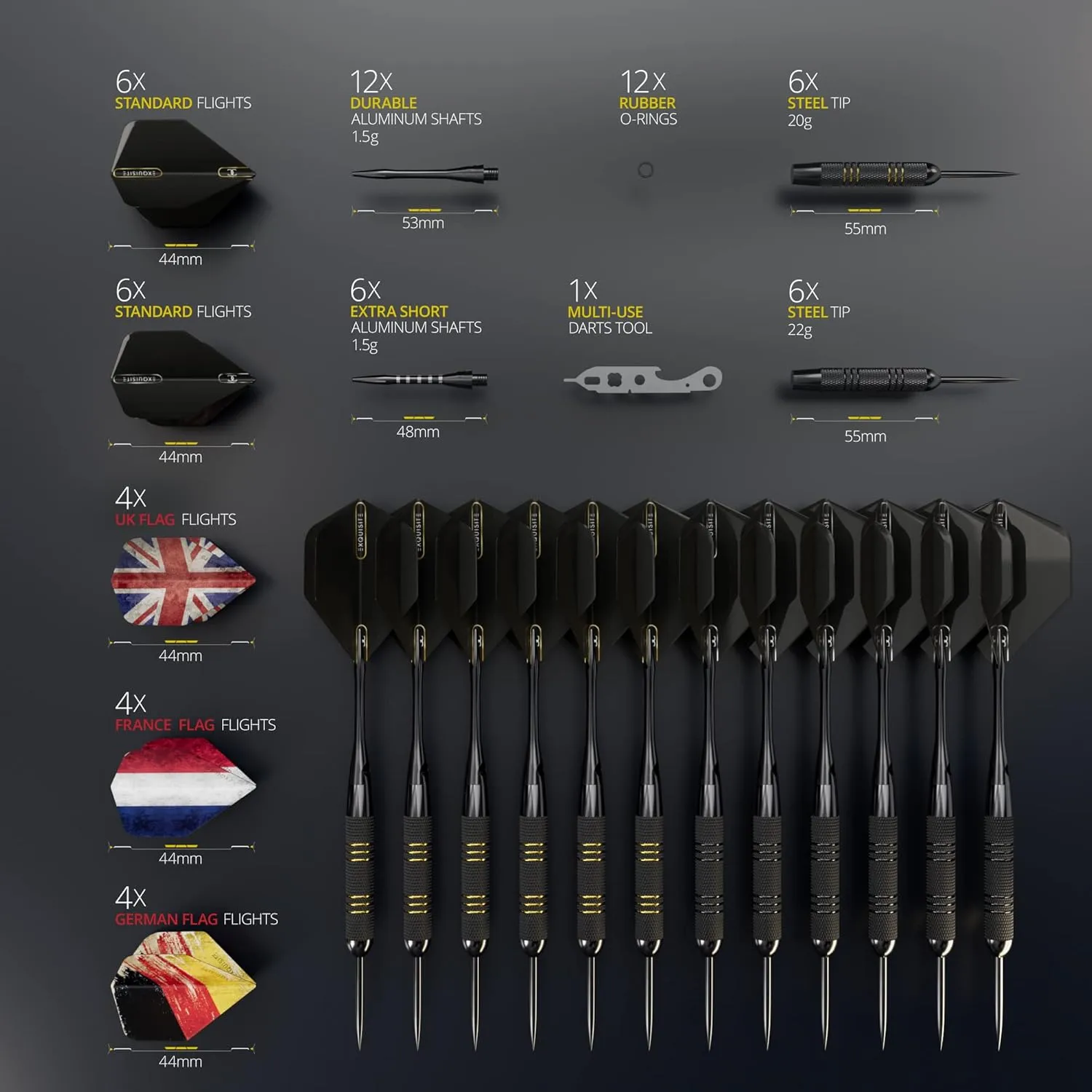 Darts Set | Professional 12 X 20/22g Metal Tip Darts | Steel Tip Darts with 24 Flights & 18 Aluminum shafts   Dart Tool, Rubber O-Rings