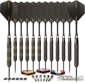 Darts Set | Professional 12 X 20/22g Metal Tip Darts | Steel Tip Darts with 24 Flights & 18 Aluminum shafts   Dart Tool, Rubber O-Rings